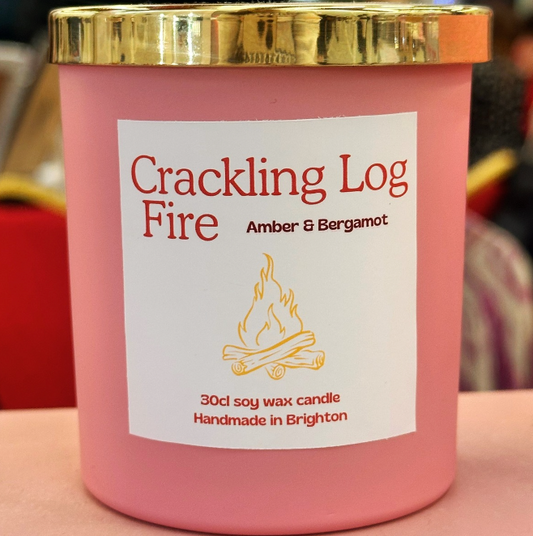 Crackling Log Fire  - Premium Soy Wax Lidded candle - Amber & Bergamot