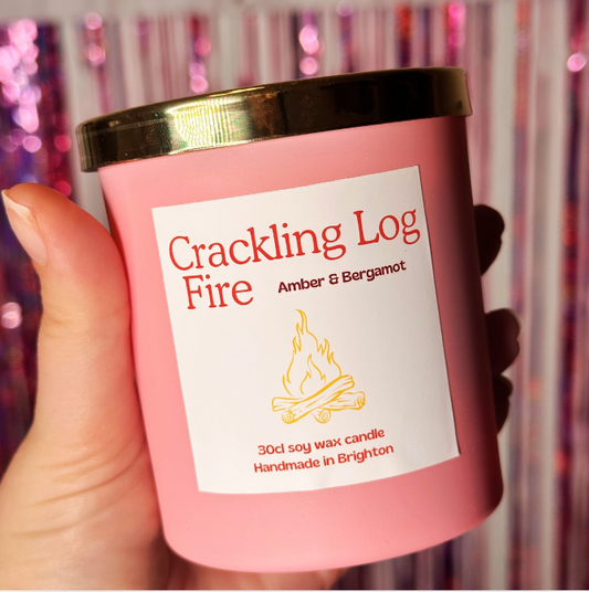 Crackling Log Fire  - Premium Soy Wax Lidded candle - Amber & Bergamot