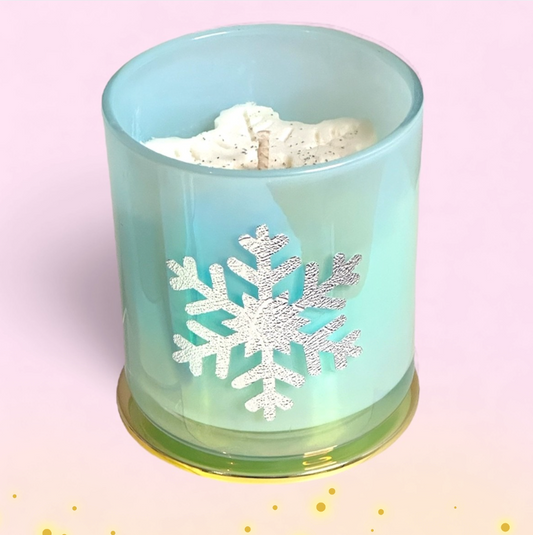 Shimmering Snowflake Blue Glass Soy Wax Candle - Snowy Air and Eucalyptus Fragranced Vegan Candle