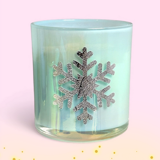 Shimmering Snowflake Blue Glass Soy Wax Candle - Snowy Air and Eucalyptus Fragranced Vegan Candle
